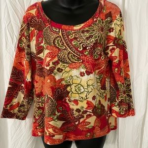 Chico’s Red, Orange, Yellow Floral Blouse
